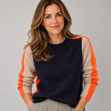 Elegant Colour Block Jumper with Striped Sleeve Detail
