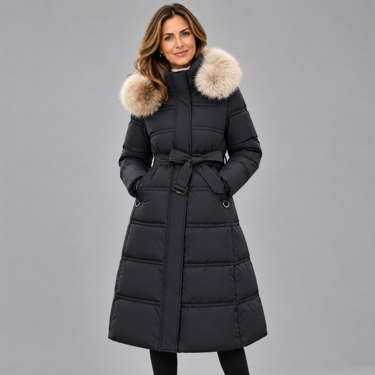 Elegant Women's Winter Parka Coat with Luxurious Fur Hood Detail
