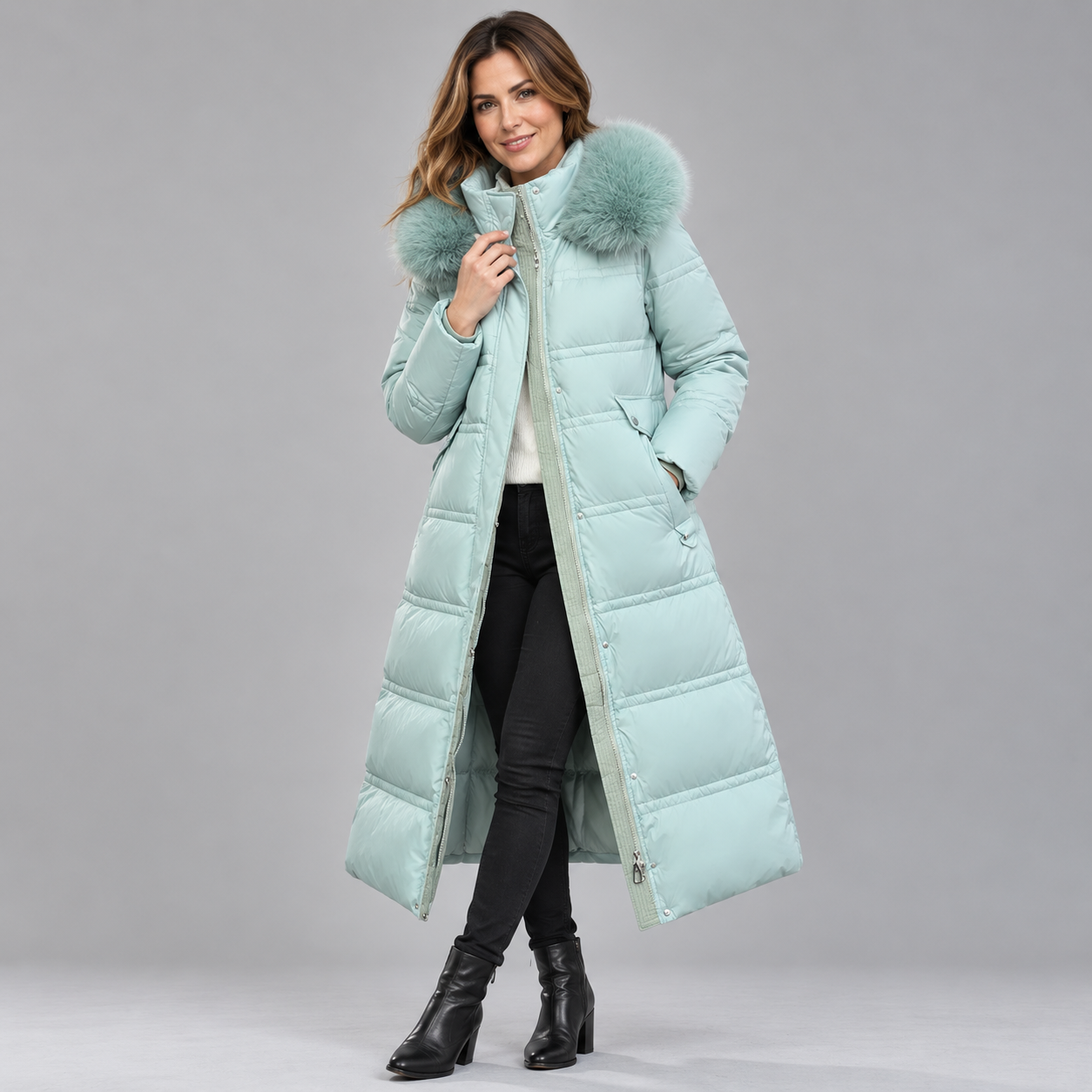 Elegant Women's Winter Parka Coat with Luxurious Fur Hood Detail
