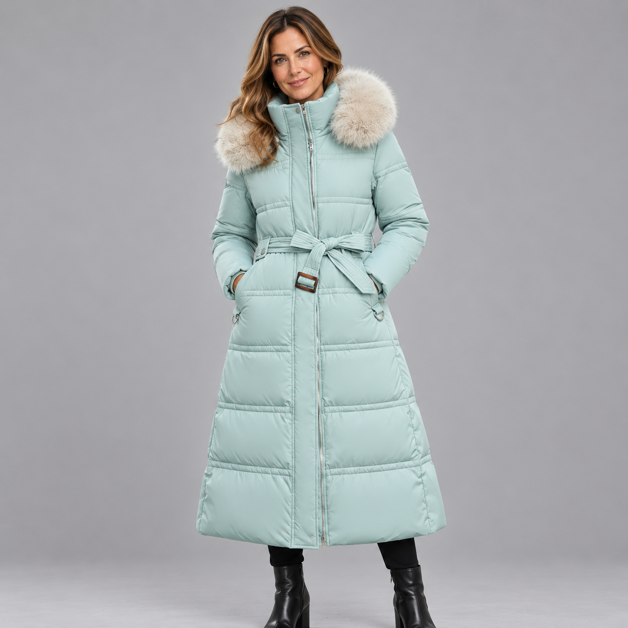 Elegant Women's Winter Parka Coat with Luxurious Fur Hood Detail