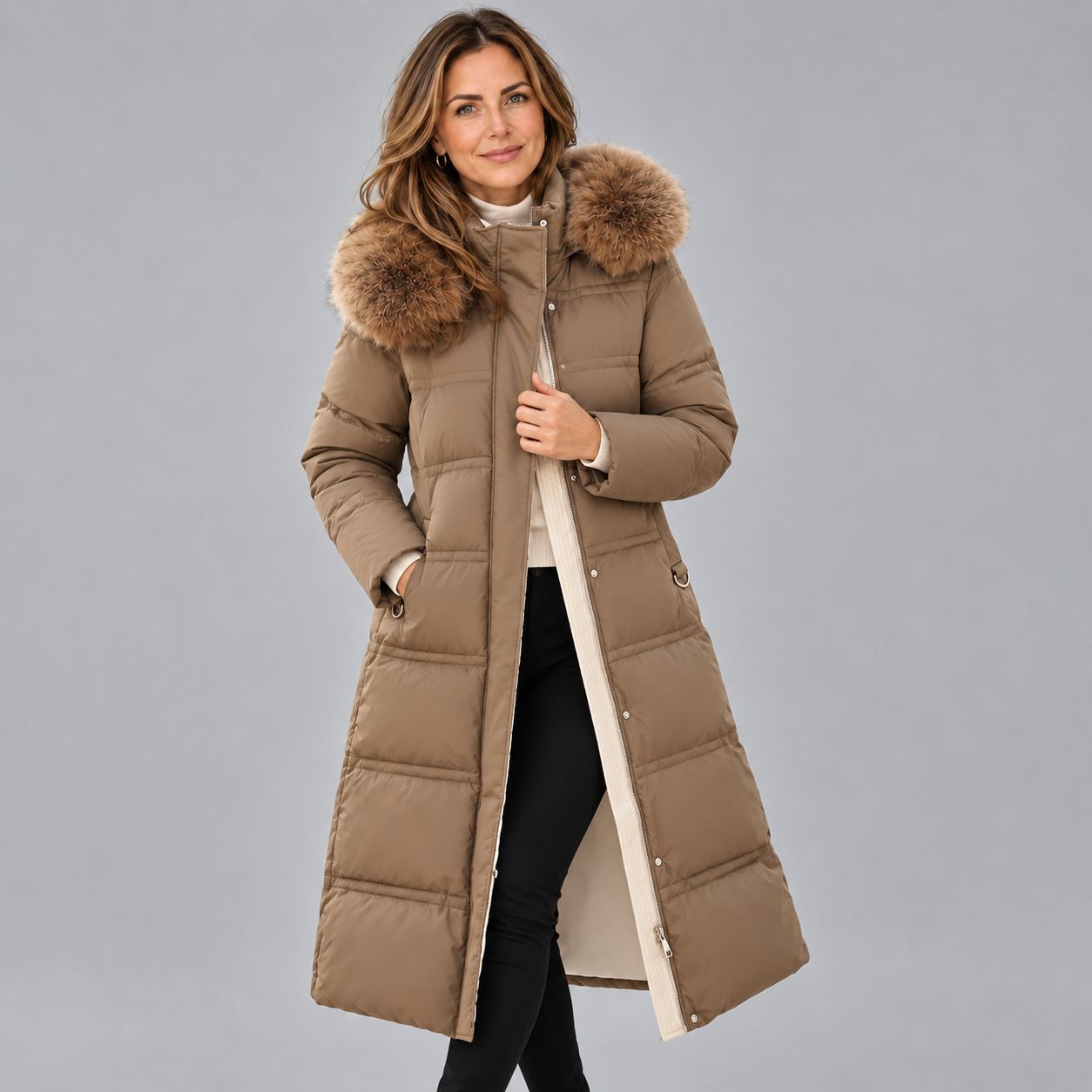 Elegant Women's Winter Parka Coat with Luxurious Fur Hood Detail