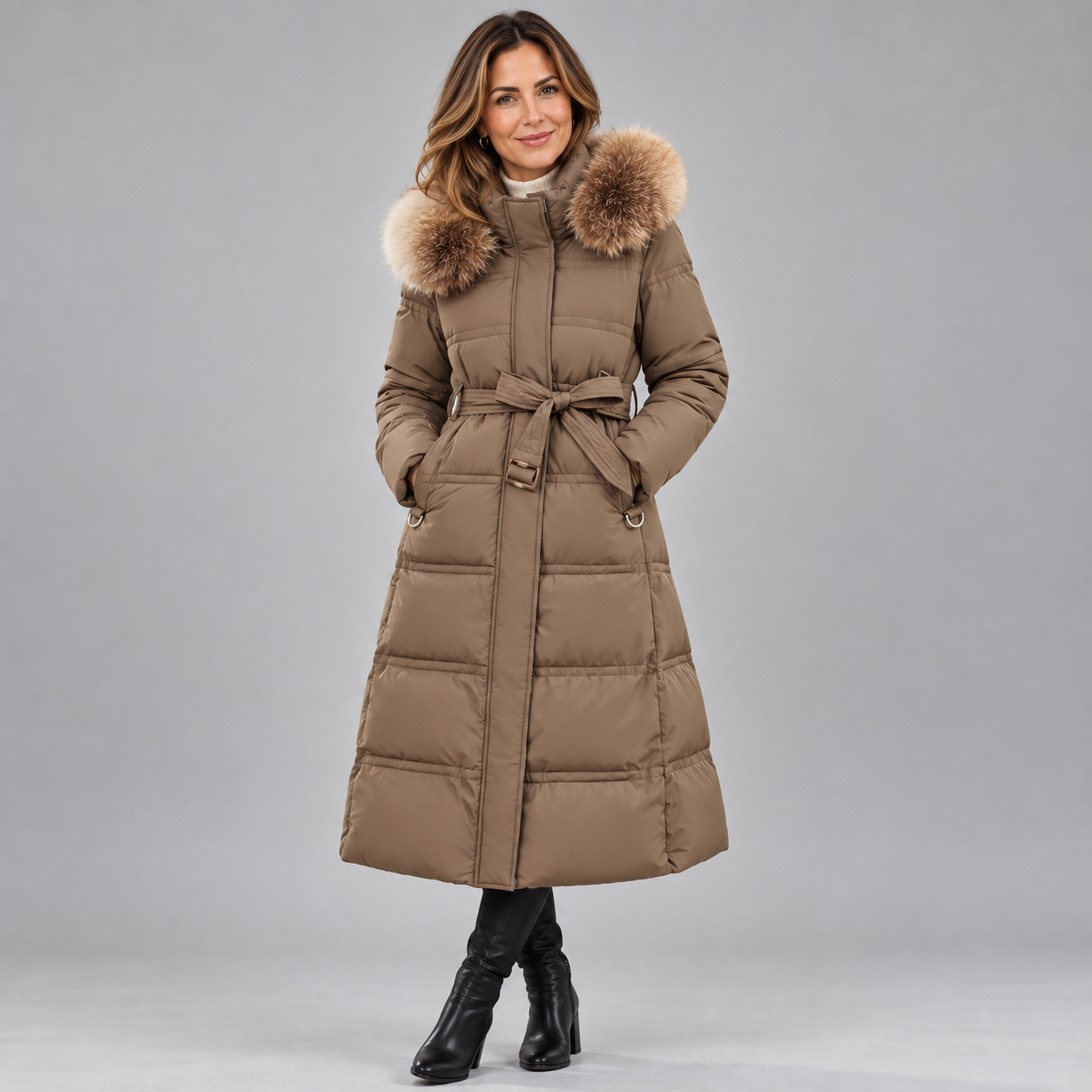 Elegant Women's Winter Parka Coat with Luxurious Fur Hood Detail