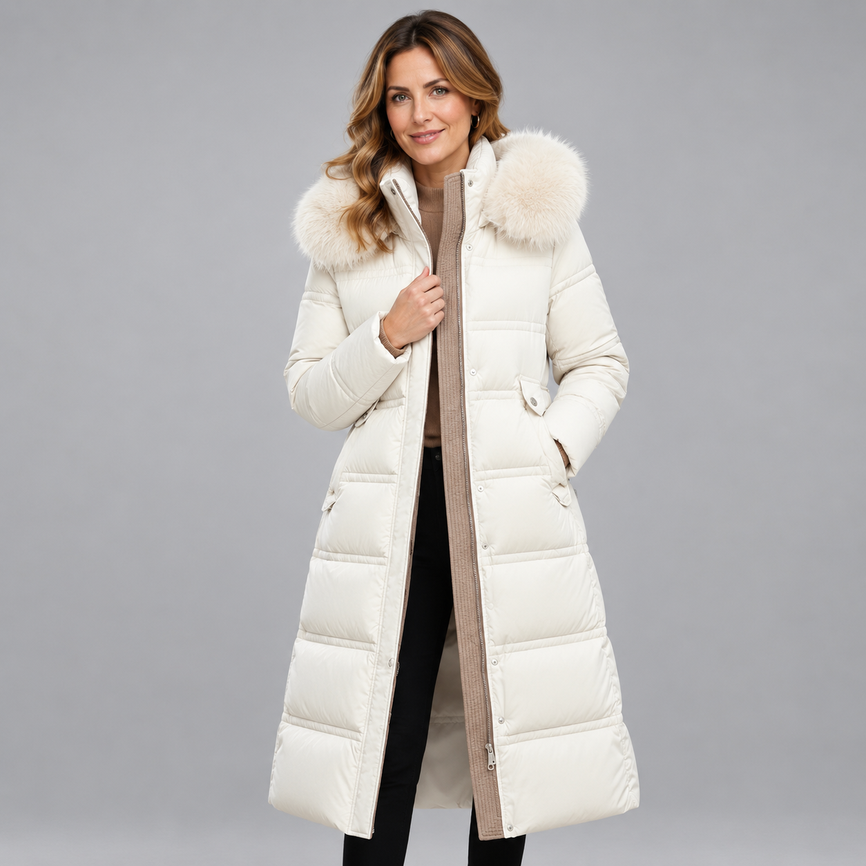 Elegant Women's Winter Parka Coat with Luxurious Fur Hood Detail