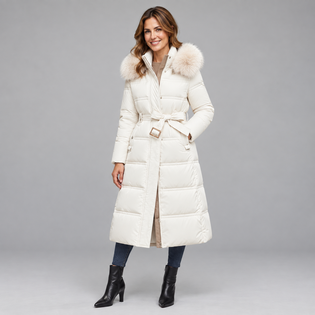 Elegant Women's Winter Parka Coat with Luxurious Fur Hood Detail