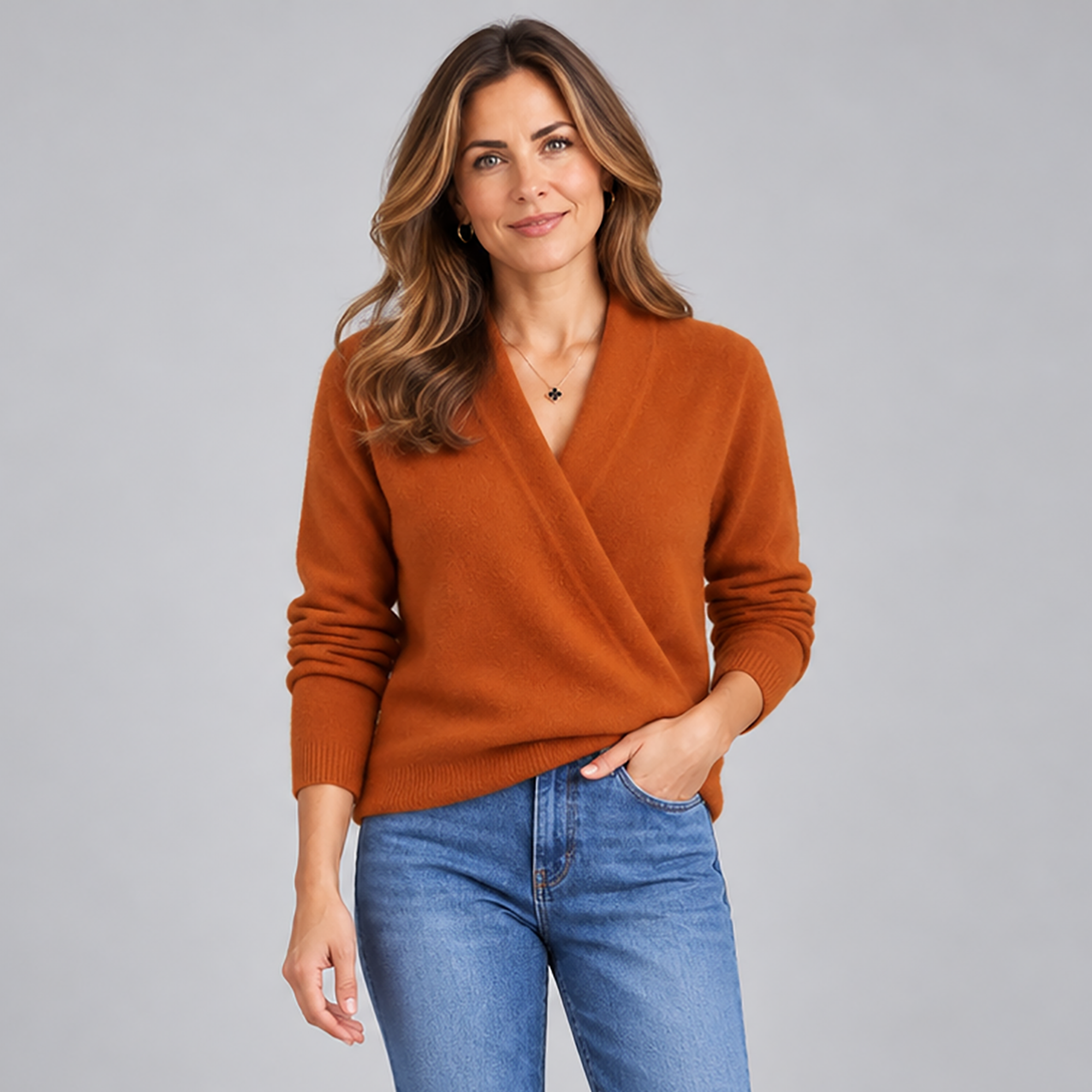 Sophisticated Women's Wrap Front Jumper with Ribbed Long Sleeves