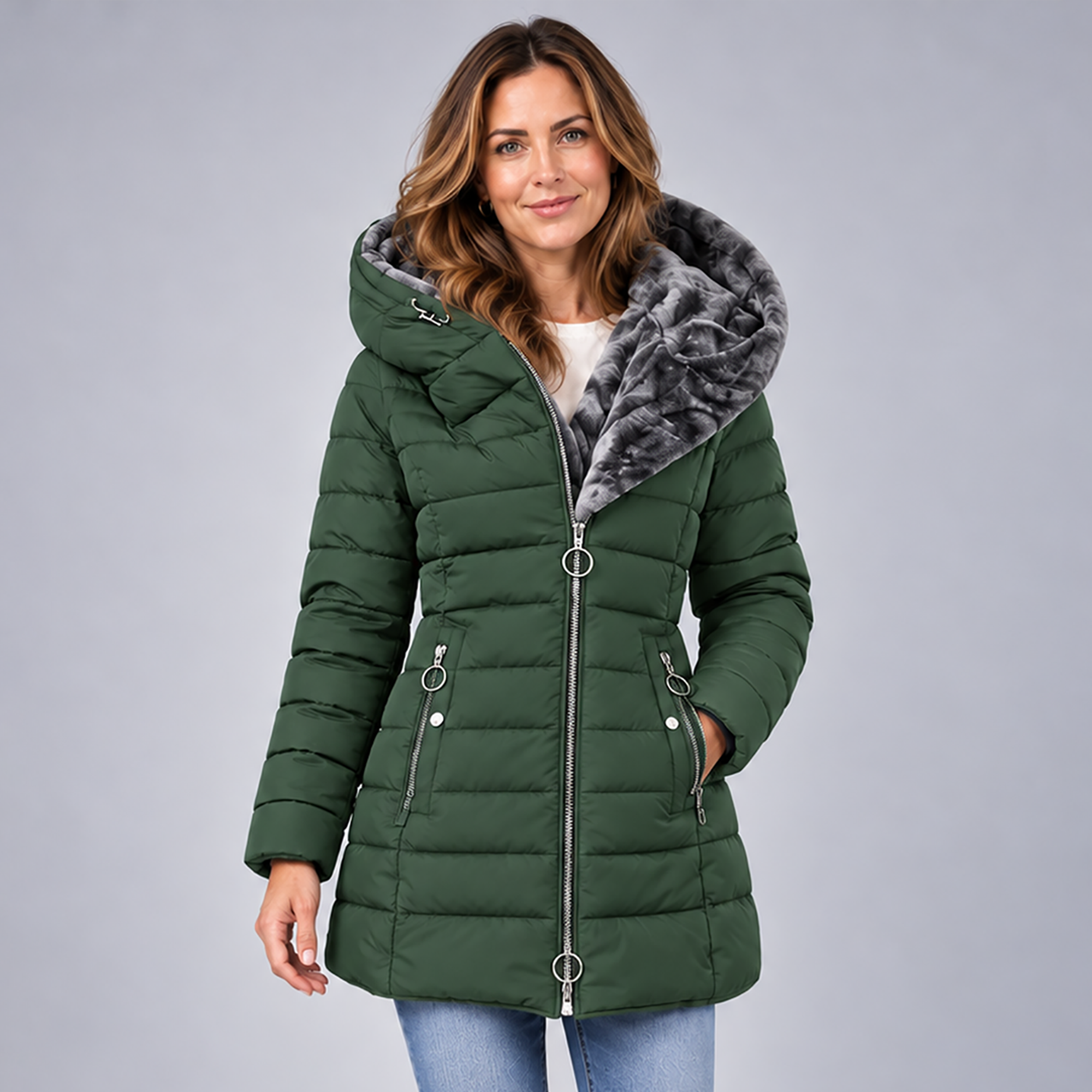 Striking Women's Long Puffer Jacket with Plush Hood Detailing