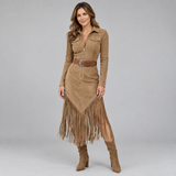 Striking Fringe Dress with Long Sleeves and Defined Waist Detail