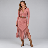 Striking Fringe Dress with Long Sleeves and Defined Waist Detail