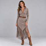 Striking Fringe Dress with Long Sleeves and Defined Waist Detail