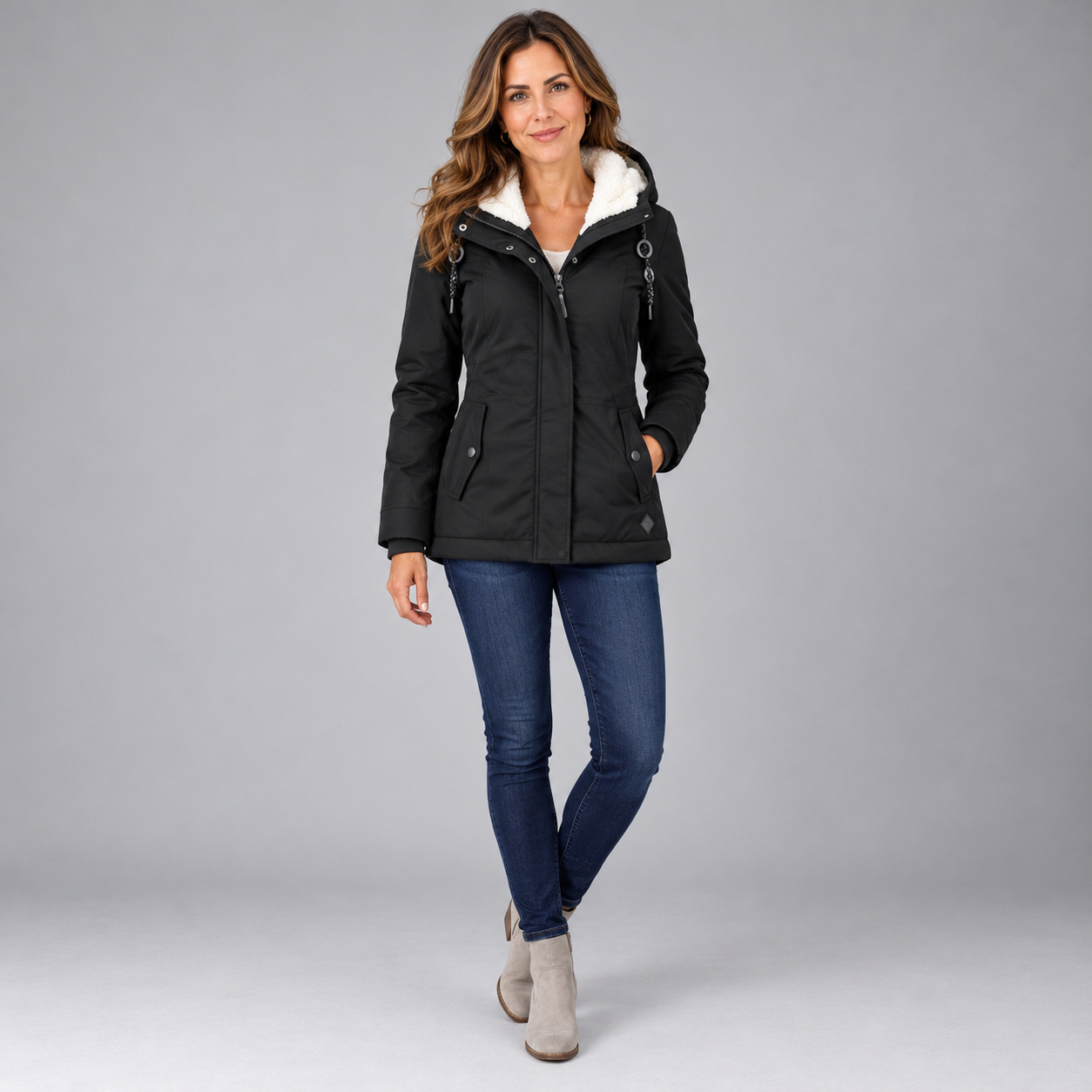 Charming Women's Longline Winter Jacket with Hood and Front Pockets