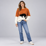 Playful Women's Cat Print Jumper with Ribbed Crew Neck Detail