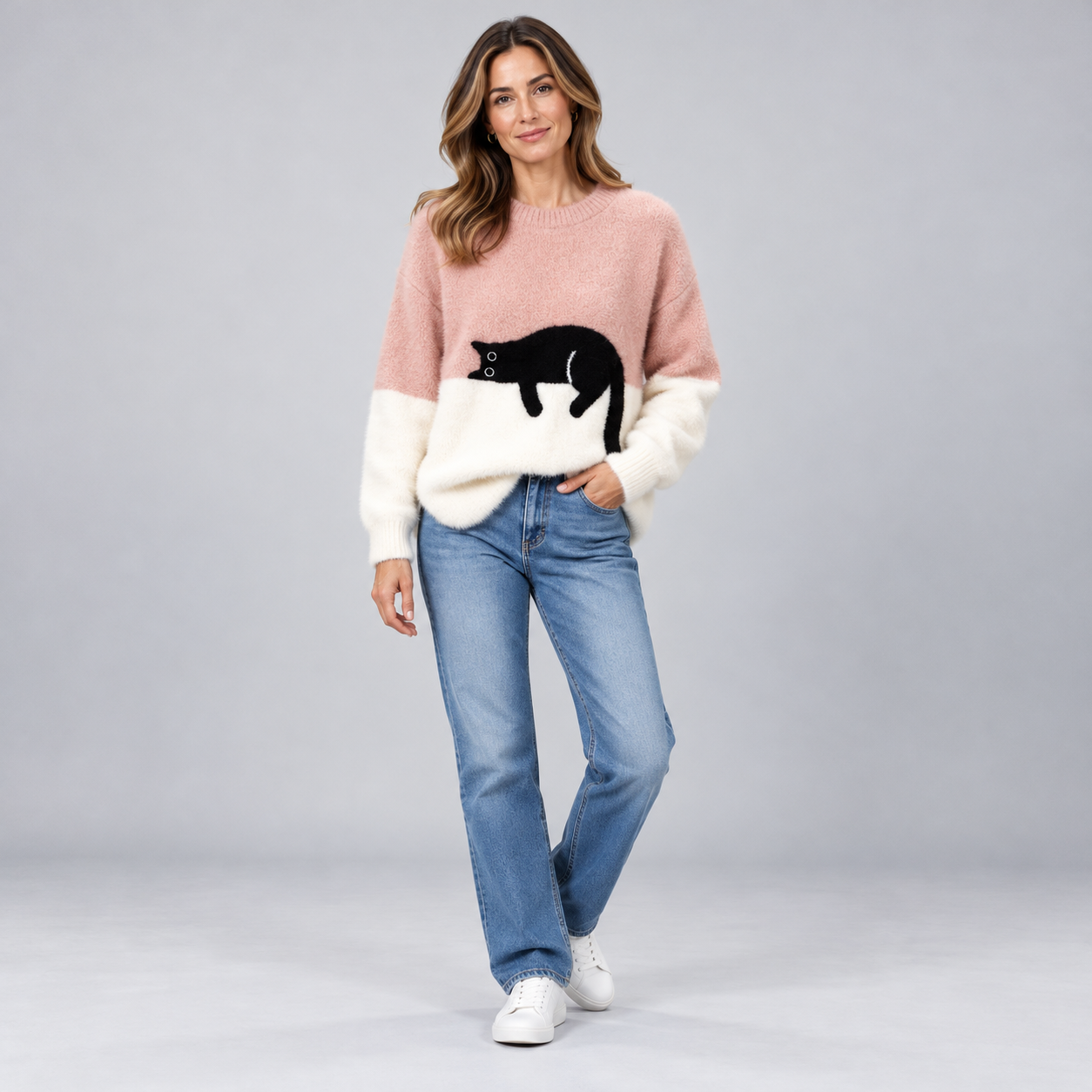 Playful Women's Cat Print Jumper with Ribbed Crew Neck Detail