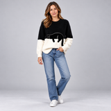 Playful Women's Cat Print Jumper with Ribbed Crew Neck Detail