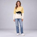 Playful Women's Cat Print Jumper with Ribbed Crew Neck Detail
