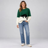 Playful Women's Cat Print Jumper with Ribbed Crew Neck Detail