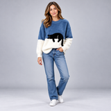 Playful Women's Cat Print Jumper with Ribbed Crew Neck Detail