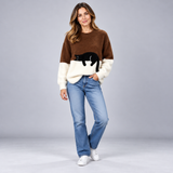 Playful Women's Cat Print Jumper with Ribbed Crew Neck Detail