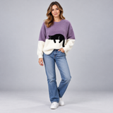 Playful Women's Cat Print Jumper with Ribbed Crew Neck Detail