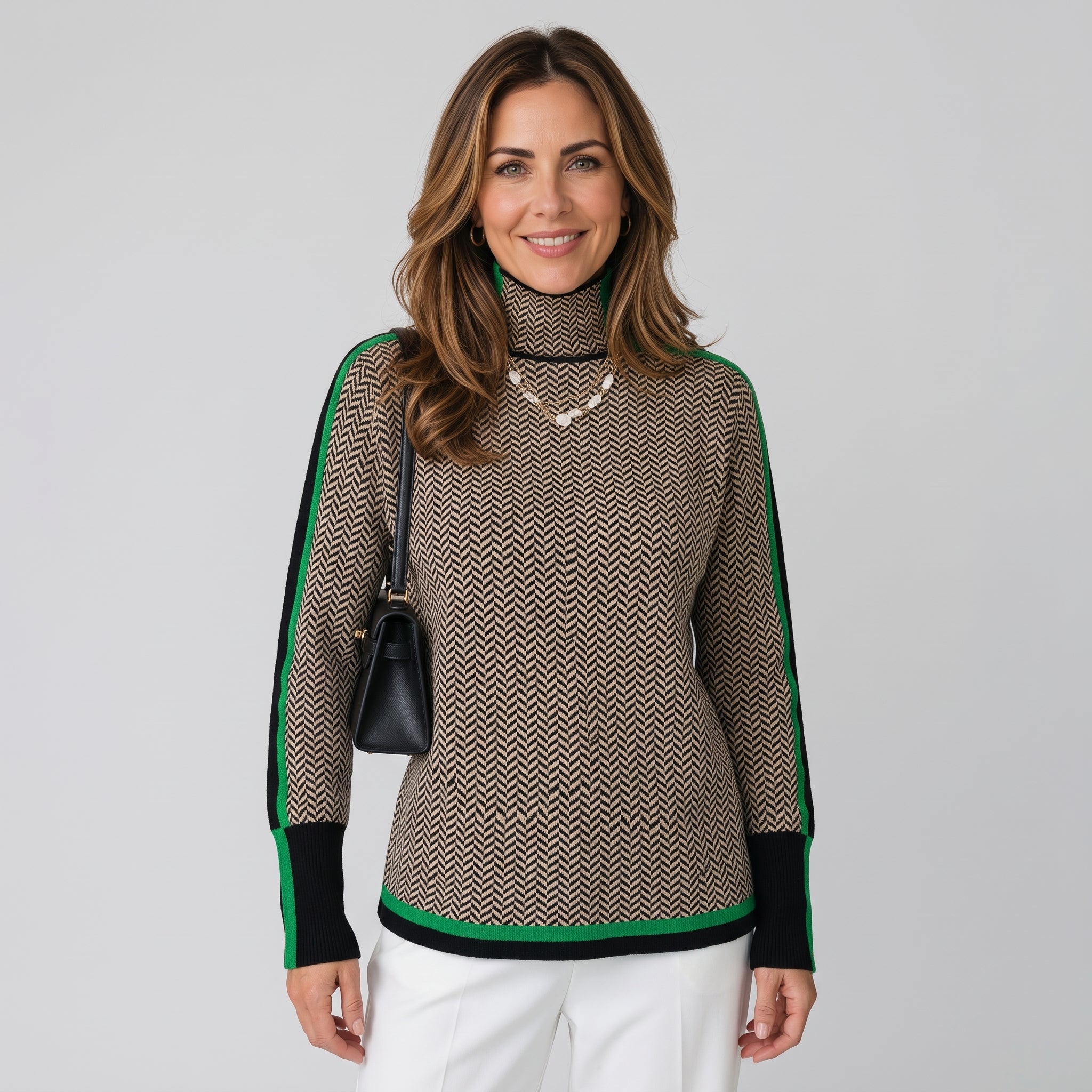 Striking Women’s Turtleneck Jumper with Herringbone Pattern