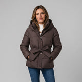 Elegant Women's Puffer Jacket with Hood and Tie Waist Belt