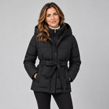 Elegant Women's Puffer Jacket with Hood and Tie Waist Belt
