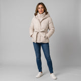 Elegant Women's Puffer Jacket with Hood and Tie Waist Belt