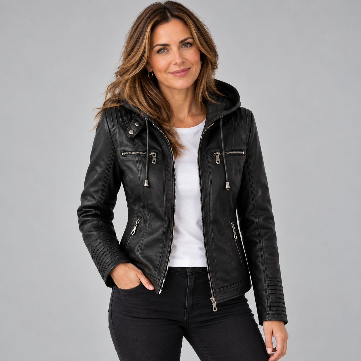 Stunning Women's Leather Jacket with Removable Hood Detail