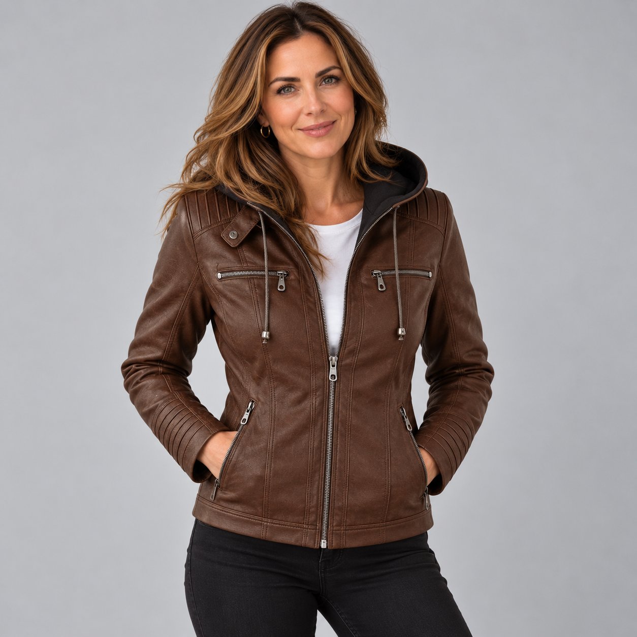 Stunning Women's Leather Jacket with Removable Hood Detail