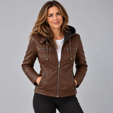 Stunning Women's Leather Jacket with Removable Hood Detail