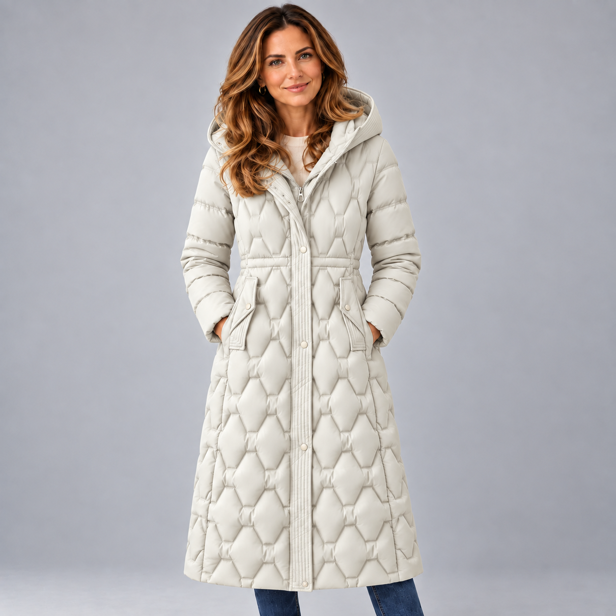 Stunning Women's Longline Coat with Hooded Quilted Design