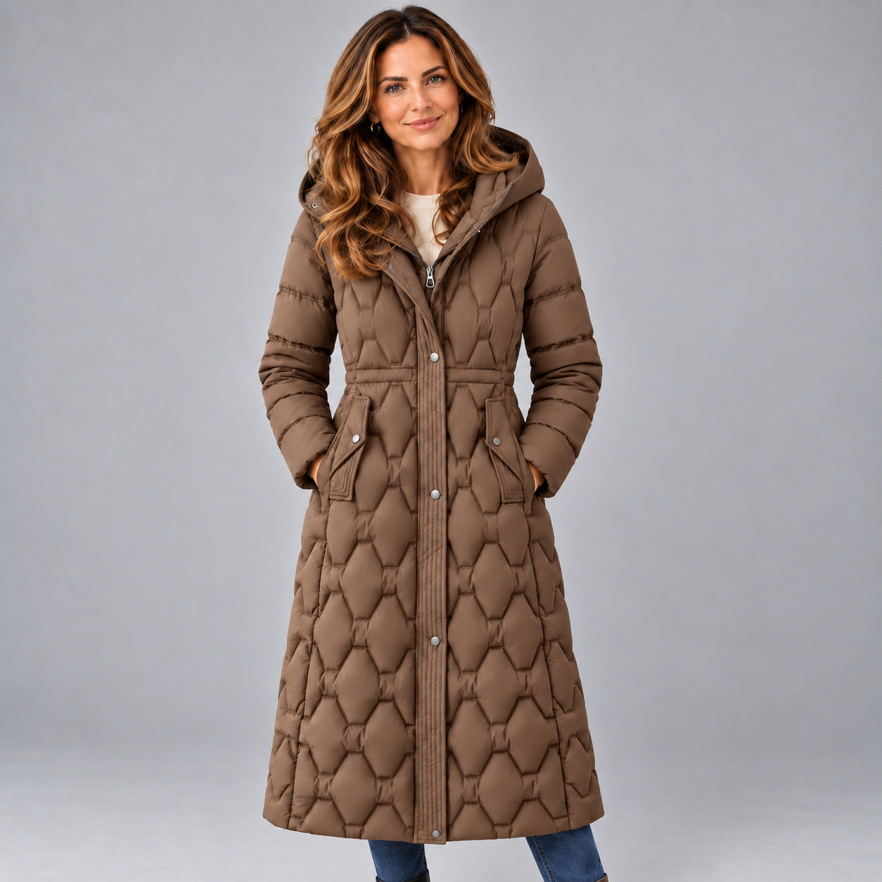 Stunning Women's Longline Coat with Hooded Quilted Design