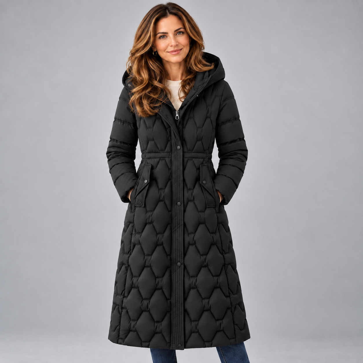 Stunning Women's Longline Coat with Hooded Quilted Design