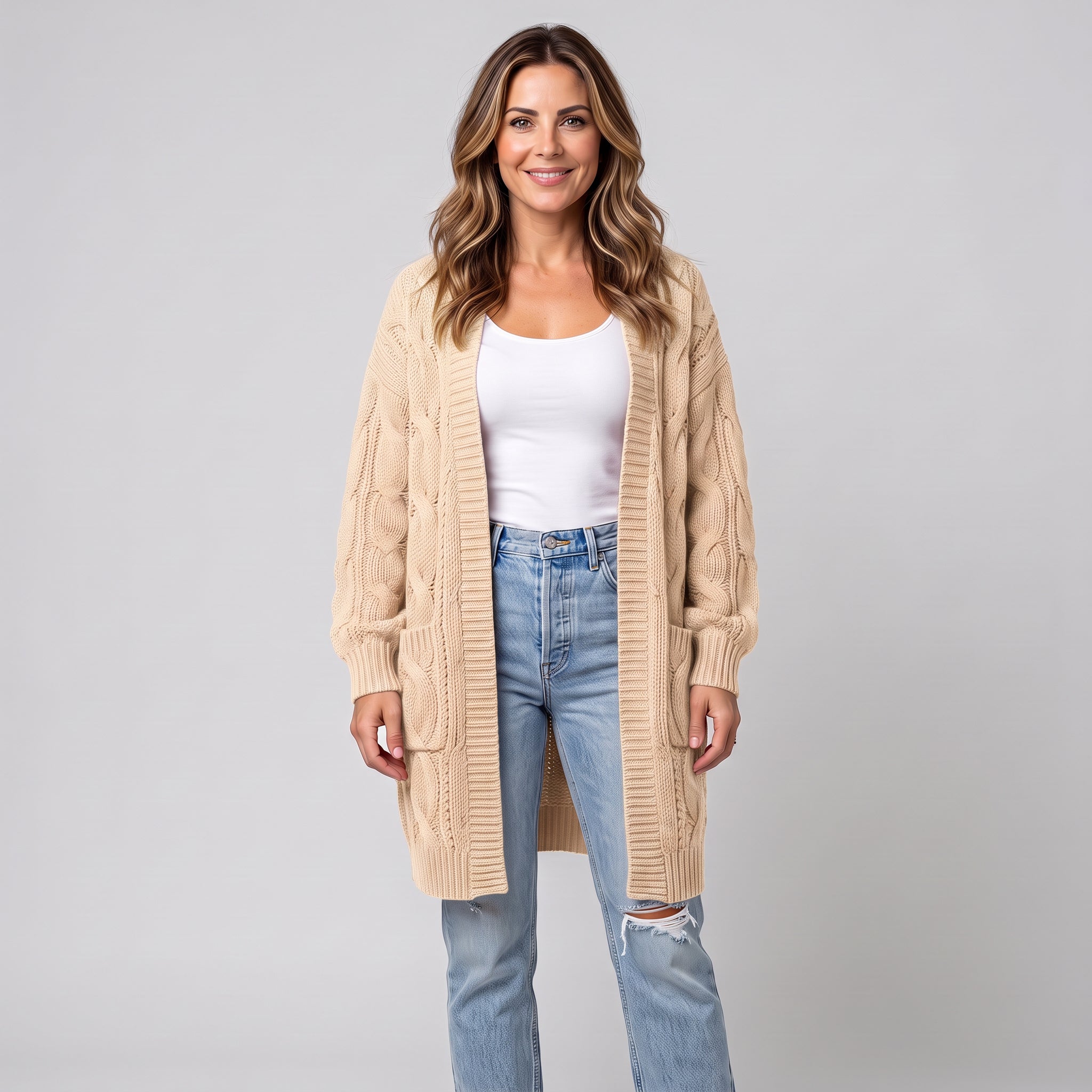 Refined Longline Cardigan with Balloon Sleeves and Pockets