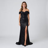 Sophisticated Maxi Dress with Sparkling Finish and Off Shoulder Detail