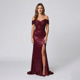 Sophisticated Maxi Dress with Sparkling Finish and Off Shoulder Detail