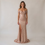 Sophisticated Maxi Dress with Sparkling Finish and Off Shoulder Detail
