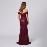 Sophisticated Maxi Dress with Sparkling Finish and Off Shoulder Detail
