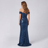 Sophisticated Maxi Dress with Sparkling Finish and Off Shoulder Detail