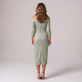 Graceful Midi Dress with Off Shoulder Neckline and Draped Front