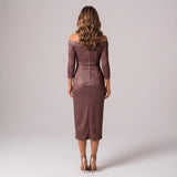 Graceful Midi Dress with Off Shoulder Neckline and Draped Front