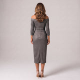 Graceful Midi Dress with Off Shoulder Neckline and Draped Front