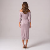 Graceful Midi Dress with Off Shoulder Neckline and Draped Front