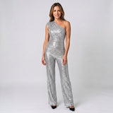 Sophisticated One Shoulder Sequin Jumpsuit with Defined Waist