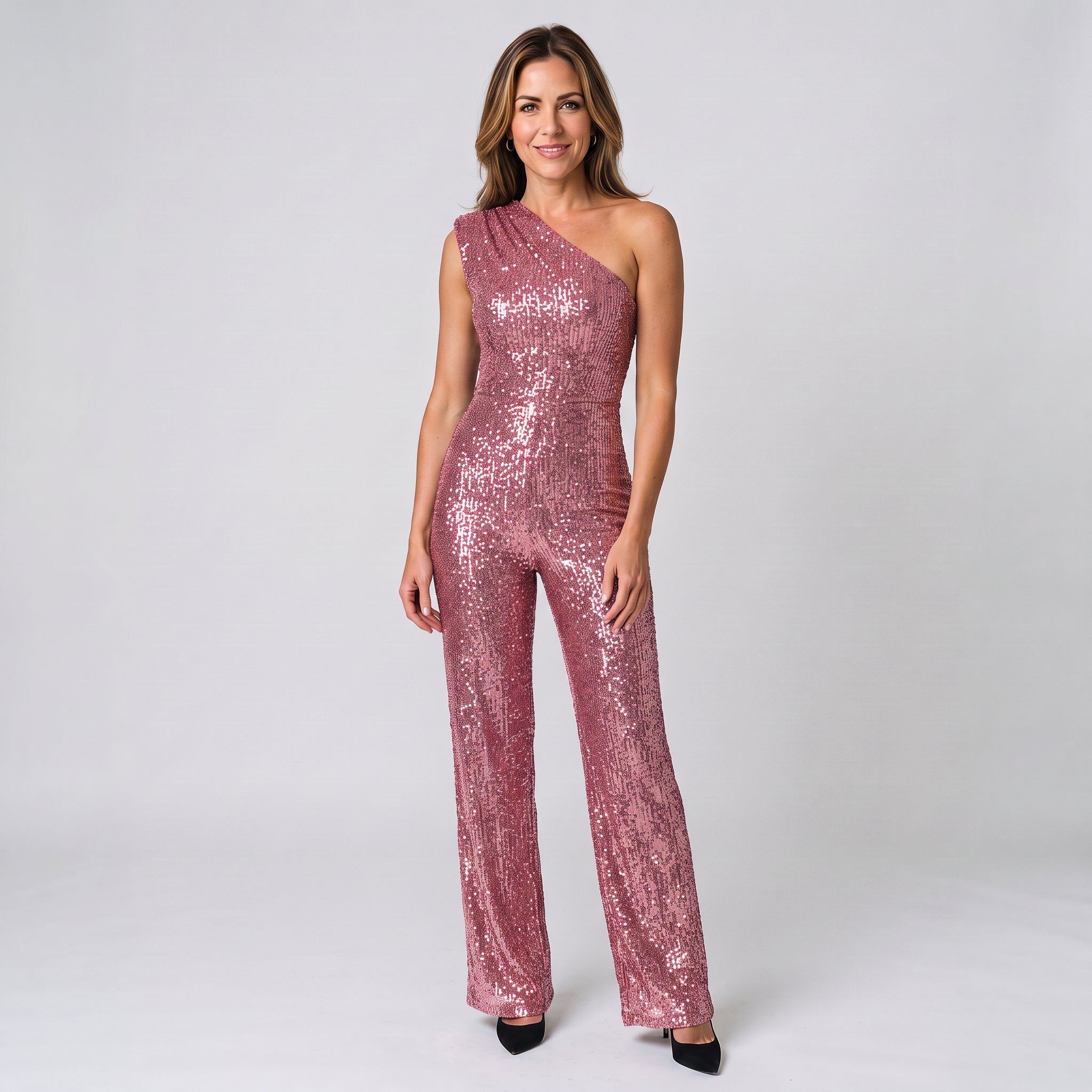 Sophisticated One Shoulder Sequin Jumpsuit with Defined Waist