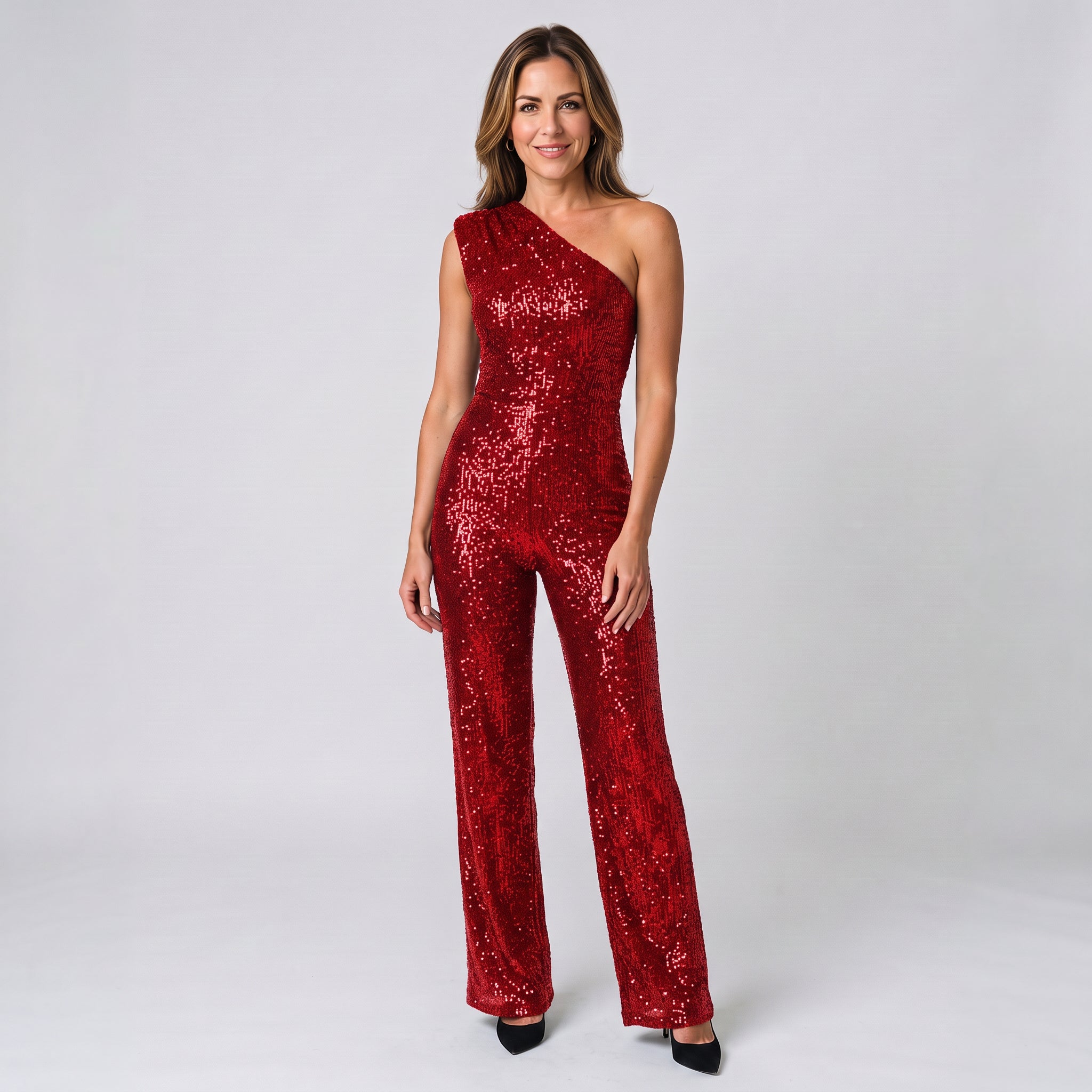 Sophisticated One Shoulder Sequin Jumpsuit with Defined Waist