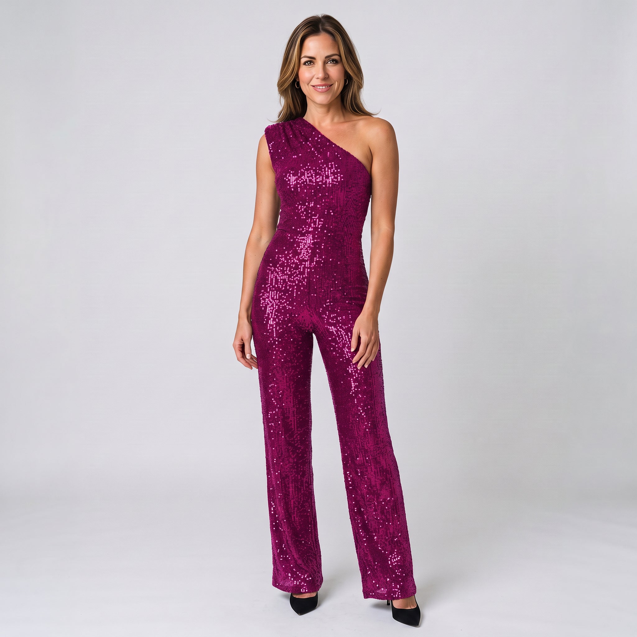 Sophisticated One Shoulder Sequin Jumpsuit with Defined Waist