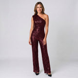 Sophisticated One Shoulder Sequin Jumpsuit with Defined Waist