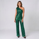 Sophisticated One Shoulder Sequin Jumpsuit with Defined Waist