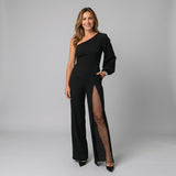 Sophisticated Wide Leg Jumpsuit with Statement Sleeve and Sheer Detail