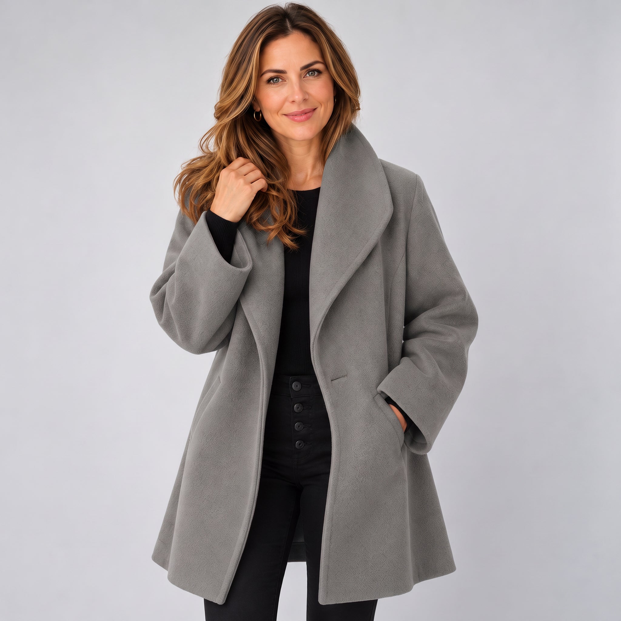 Refined Women's Longline Coat with a Graceful Draped Front Design